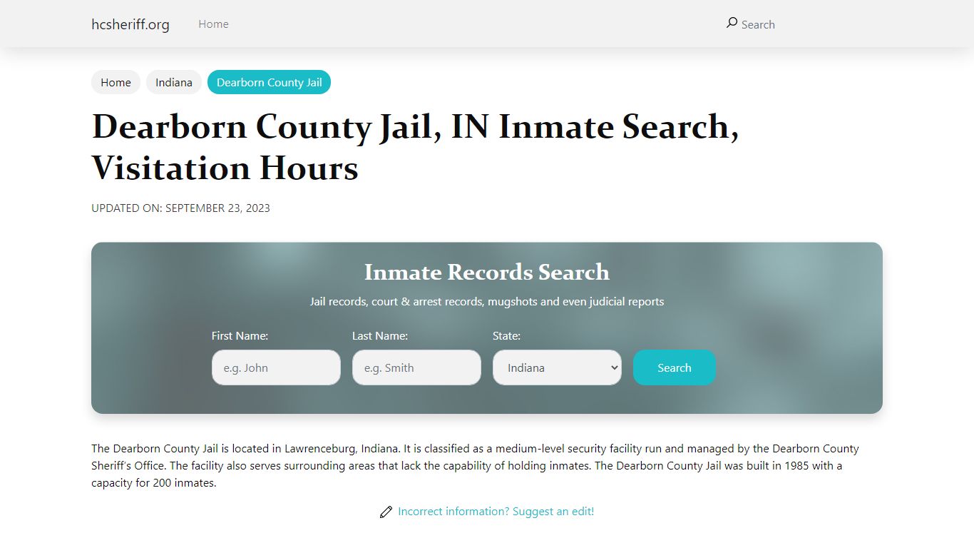 Dearborn County Jail , IN Inmate Search, Visitation Hours